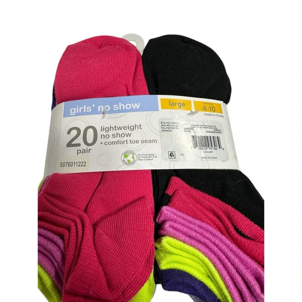 wonder nation girls no show ankle socks 20 pairs size‎ large 4-10